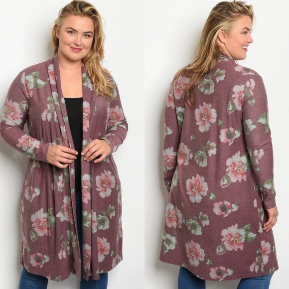 Angela Plus Tops - 1X Plus size floral print open front cardigan kimono